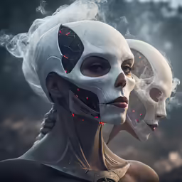 two woman with painted faces smokes from behind
