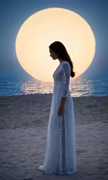 a woman in a white dress standing on the beach with an orange moon