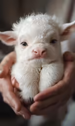 someone holding a small white animal inside their hands