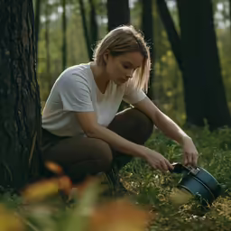 a woman crouching next to a tree holding a black pot