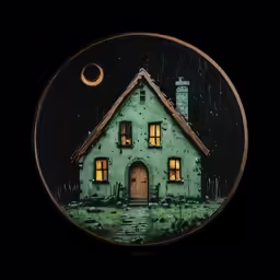 an illuminated clock with the moon over a house