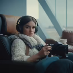 a woman in headphones holds her camera and sits with a cup
