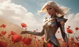 a woman in armor walking through red flowers