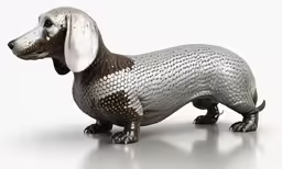 a metal dachshund toy standing on a white surface