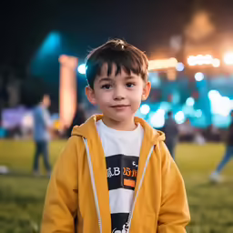 a small boy standing in a field wearing a yellow jacket