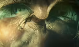 a strange looking eye looks through the glass