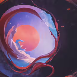 the top part of a round painting, with water on it,an image of a colorful painting in water