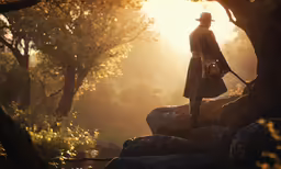 a person in a hat and dress is standing on some rocks