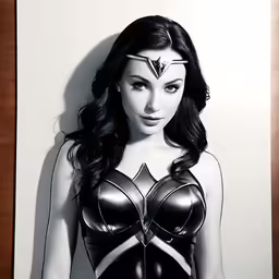 a young woman in a costume is standing next to a wall