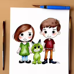 a drawing with two people and a pet,the child has drawn two little people on the paper,two kids standing next to each other with an animal,there is a drawing on paper of two children and an animal,a drawing of two boys and a girl with a green monster