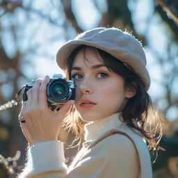 the woman with the hat is holding up a camera