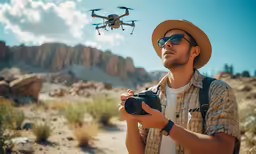 a man in sunglasses and a hat holds a camera and flies a quad rotor like device in the desert