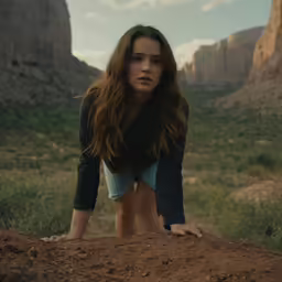 woman in black shirt and blue shorts on a dirt area