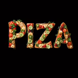 the words pizza made out of fruit arranged to form the word