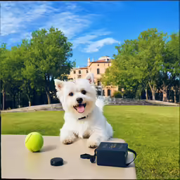 a dog that is sitting next to a tennis ball