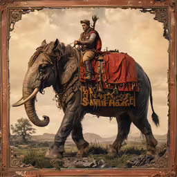 an image of a man riding on the back of a very big elephant
