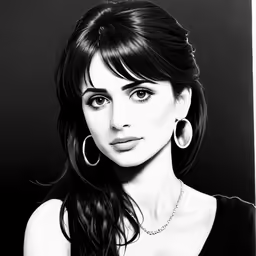 a black and white photograph of a woman with large earrings