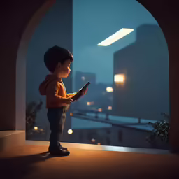 a young boy stands in a dark room and uses a cell phone
