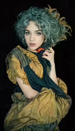 a girl with green hair in a dress and scarf