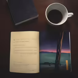 there is a cup of coffee next to an open book