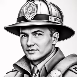a fireman drawing in pencil with a badge on top
