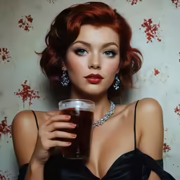 a woman is holding a glass with something in it