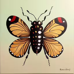 a painting of a colorful butterfly on a green background,an acrylic picture of a butterfly that has brown markings