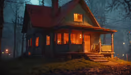 a creepy house with lots of lights is shown,a night scene showing a lit up house
