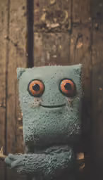 a doll with a smile and big eyes, on a wooden surface
