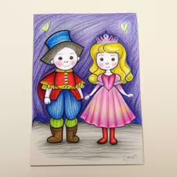 a drawing of a little boy and a girl holding hands,a drawing of two people in a princess and soldier costume