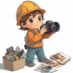 a boy in orange shirt and hardhat holding a camera next to other pictures