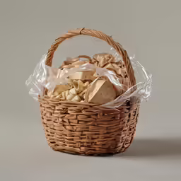 a small wicker basket containing a pile of soaps