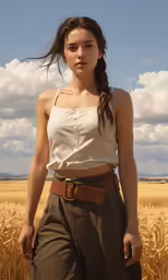 a young woman stands in the middle of a wheatfield