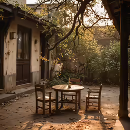 two chairs around a small table on a patio