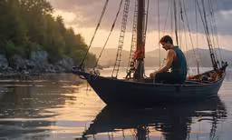 a man sitting in the bow of a small boat,a man sitting on the bow of a boat with a view over water