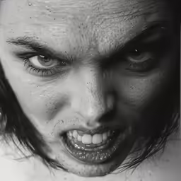 black and white image of young man in extreme closeup of face