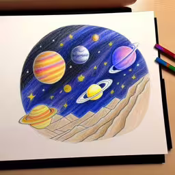 a drawing of different planets in the sky,a drawing of a space scene is shown here,the picture shows a picture of the planet and sun,a drawing of some kind of artwork with space around it,a pen drawing of various planets with stars