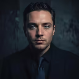 the man is wearing a black suit and tie