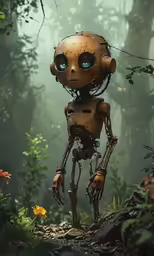a robot standing in the middle of some plants