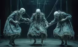 five creepy looking demonic looking people walking on strings