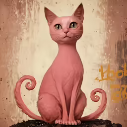 a painting of a pink cat with one paw raised