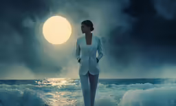 woman standing in front of a full moon on the beach
