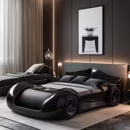an elegant bedroom has an unusual and functional look