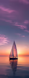 a sailboat is sailing across the water at sunset