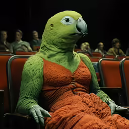 a green bird sitting in the seat of an auditorium