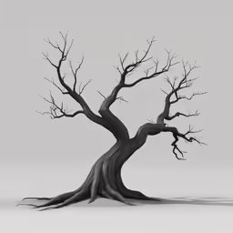 a tree without leaves stands upright in the fog