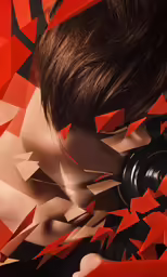 a woman is shown with red pieces scattered over her