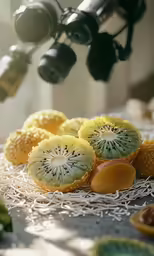 a person operating a high speed camera behind a sliced fruit