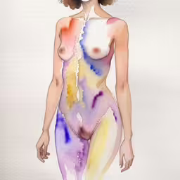 a painting of a naked woman in purple and pink,a woman wearing a body suit with colored streaks