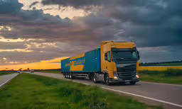 a tractor trailer semi truck driving down the road,a yellow blue and white truck and some grass and clouds